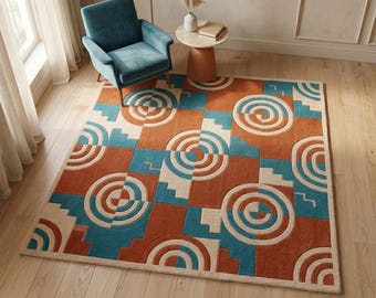 Modern Geometric Wool Rug, Hand Tufted Area Carpet, Terracotta Teal Abstract Design for Living Room Bedroom Decor