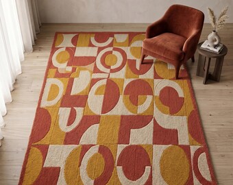 Hand Tufted Wool Rug, Burnt Rust Orange and Mustard Geometric, Mid Century Modern Area Rug