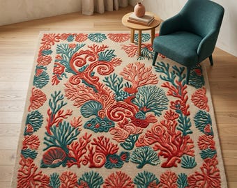Hand Tufted Coral Wool Rug, Teal Abstract Coastal Living Room Rug
