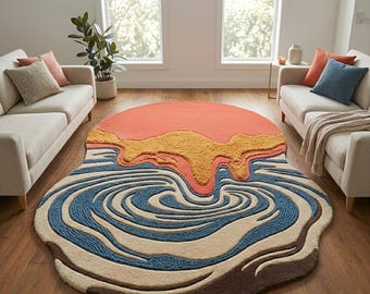 Abstract Wool Area Rug, Hand Tufted Sunset Design Organic Shape Living Room Carpet