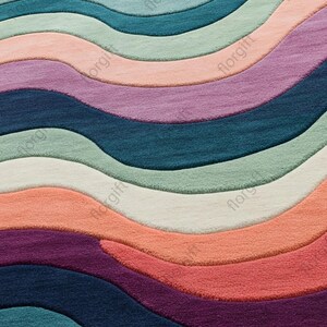 May include: A colorful rug with a wavy pattern. The rug features bands of various colors, including teal, green, peach, purple, and white. The design creates a flowing, textured appearance, suitable for home decor.