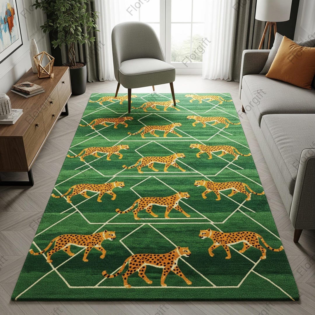 Green Cheetah Wool Rug, Hand Tufted Modern Geometric Area Rugs for ...