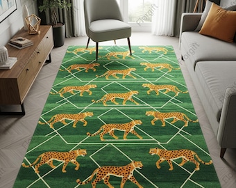 Green Cheetah Wool Rug, Hand Tufted Modern Geometric Area Rugs for Living Room