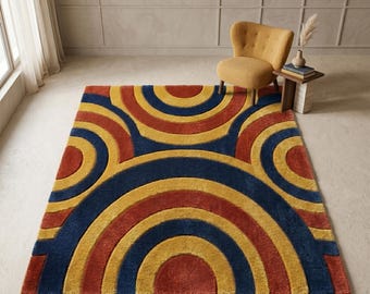 Modern Abstract Wool Rug with Retro Rainbow Pattern, Hand Tufted Plush Area Rug for Living Room Bedroom Decor
