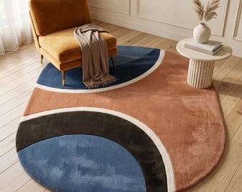 Modern Abstract Area Rug Soft Plush Irregular Shape Carpet Terracotta Blue Living Room Decor Gift