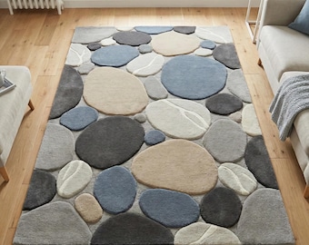 Hand Tufted Pebble Wool Rug, Blue Beige Abstract Area Carpet for Living Room