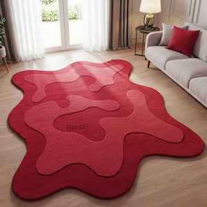 Red Irregular Abstract Hand Tufted Amoeba Shape Wool Area Rugs for Bedroom, Modern Organic Layered Textured High Low Pile Living Room Rug