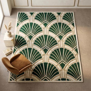 Hand Tufted Green Wool Rug, Ivory Geometric Art Deco Luxury Area Rug