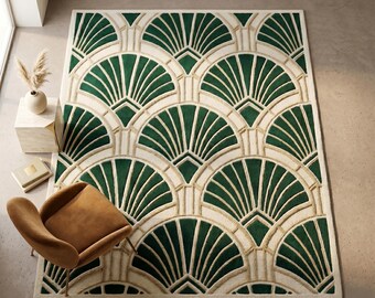 Hand Tufted Green Wool Rug, Ivory Geometric Art Deco Luxury Area Rug