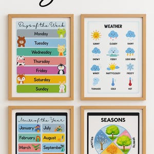 Tabla de aprendizaje temprano para niños: días de la semana, clima, meses - Impresión para educación en casa y guardería