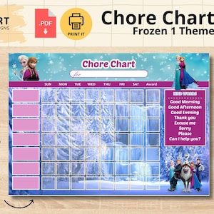 Puede incluir: Un gráfico de tareas con el tema de Frozen 1, con un diseño azul y morado. El gráfico incluye espacios para tareas, días de la semana y una sección de premios. Presenta imágenes de personajes de la película y el texto "Chore Chart" y "Frozen 1 Theme".