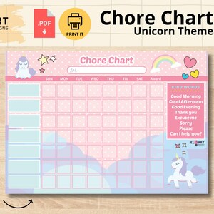 Pode incluir: Um gráfico de tarefas rosa e azul com um tema de unicórnio. O gráfico tem espaços para tarefas e recompensas, com uma seção para palavras gentis. O texto "Chore Chart" e "Unicorn Theme" são exibidos no topo.
