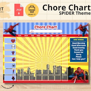 Spider man, heroes Inspired Reward Chart Printable | Instant Download | Toddler Routine and Sticker Chart - Peter Park