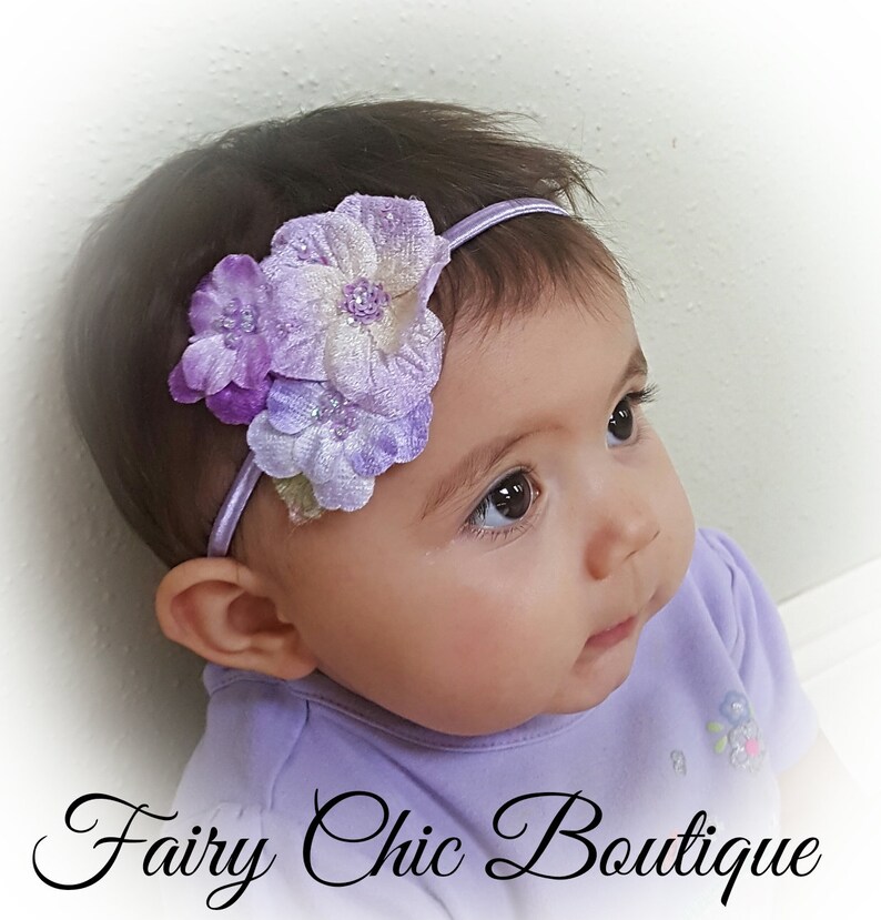 shabby chic headband baby headbands velvet petal flower Baby girl headband shades of lavender hair bow girls headband flower headband