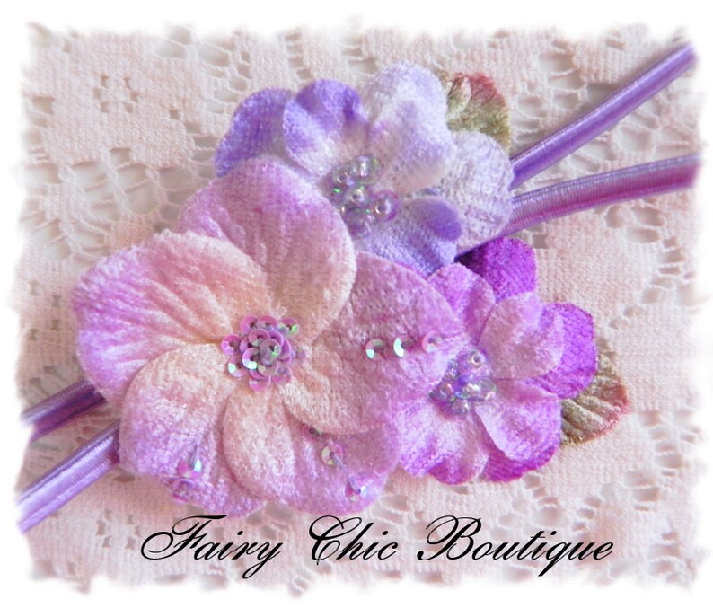 shabby chic headband baby headbands velvet petal flower Baby girl headband shades of lavender hair bow girls headband flower headband