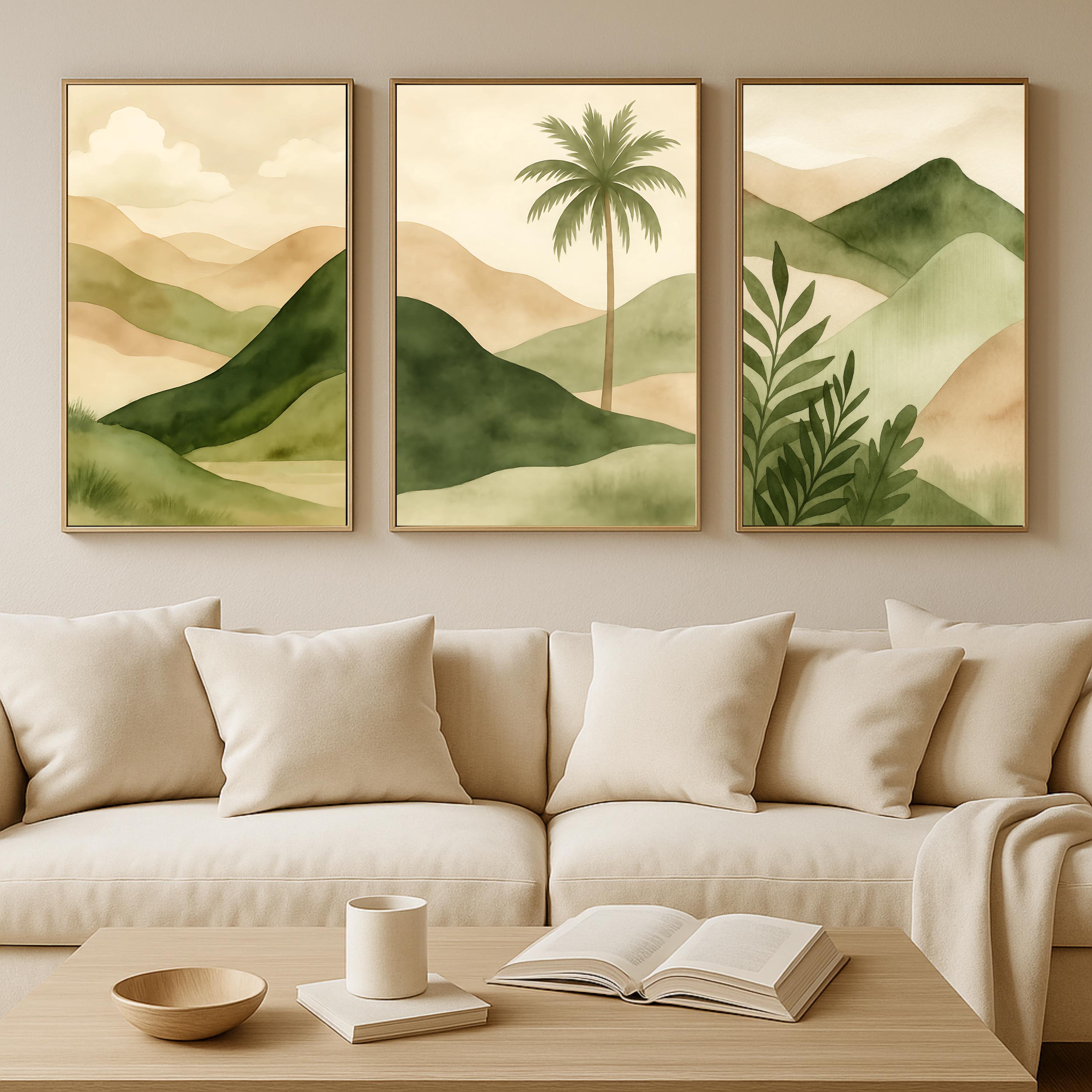 YIUEYI Boho groen beige geometrische bladeren abstracte poster muurkunst canvas schilderij prints foto woonkamer interieur decoratie 30 x 40 cm x 3 met lijst