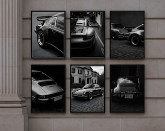 Luxus Schwarz Weiß Oldtimer Wand Kunst | 6er Set Vintage Porsche Poster | Moderne Drucke für das Home Office Dekor
