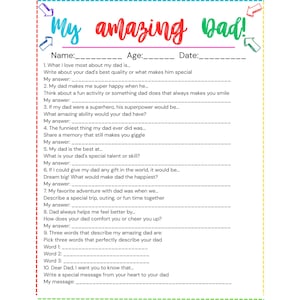 Op de afbeelding: Een invulformulier met de titel "My amazing Dad!" met vragen over de kwaliteiten, activiteiten en speciale momenten van een vader. Het ontwerp bevat decoratieve pijlen en tekst in een speels lettertype, perfect voor Vaderdag.