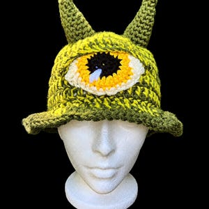 Crochet Cyclops Horned Rave Bucket Hat | Green, Yellow