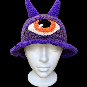 Crochet Cyclops Horned Rave Bucket Hat | Green, Orange