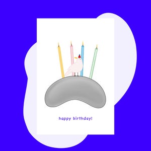 May include: A birthday card featuring a white bird wearing a party hat, perched atop a gray, bean-shaped object. Colorful candles with lit flames surround the bird. The words "happy birthday!" are written below the illustration.