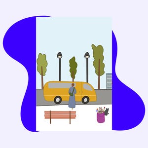 May include: Illustration of a yellow van parked near a bench and trees. A person in a blue dress stands near the van, with a green bag. A purple bag of flowers and a black cat are on the right.