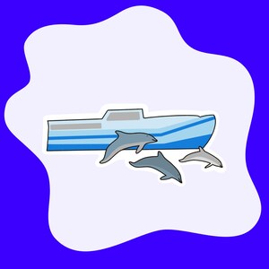May include: A sticker featuring a blue and white boat with three gray dolphins leaping out of the water. The sticker has a white border and is set against a light purple background with a blue border.