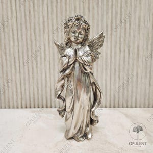 Silver Brass Angel Figurine: Praying Guardian Statue, Elegant Home Decor