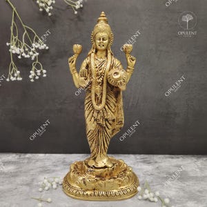 Brass Goddess Lakshmi Statue | Standing Lakshmi Idol for Home Temple | Hindu Wealth & Prosperity Decor | Antique Finish |  Pooja Sculpture