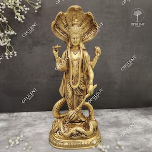 Brass Lord Vishnu Idol | Vishnu with Sheshnag Statue | Hindu God Murti for Pooja Room, Home Decor & Gifting  | Sheshnag Statue | Sheshnag
