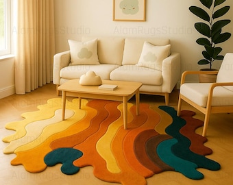 Retro Wavy Abstract Rug – Multicolor Hand Tufted Groovy Area Carpet, Modern Mid Century Boho Organic Shaped Living Room Bedroom Home Decor