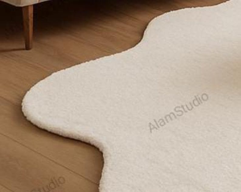 Cream irregular shape rug with a soft, cloud-like form in a minimalist living room. Hand-tufted wool adds cozy texture. Neutral tones, wood furniture, and modern decor create a warm, Japandi-inspired aesthetic.