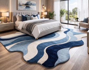 Hand Tufted Abstract Blue Irregular Rug Modern Bedroom Living Room Carpet Soft Wool Area Rug Custom Size Contemporary Home Decor