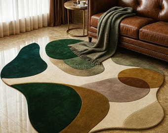 Modern Abstract Green & Earth Tone Irregular Rug – Handmade Contemporary Wavy Carpet for Living Room, Bedroom Home Decor 4x6 5x8 6x9 7 x 10 ft