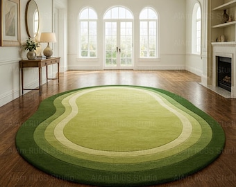 Modern Green Wave Area Rug, Irregular Oval Carpet, Gradient Layered Design, Handmade Wool Floor Mat for Living Room Home Decor