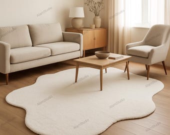 Cream Irregular Shape Rug – Modern Cloud-Inspired Hand Tufted Wool Carpet, Minimalist Neutral Decor for Living Room or Bedroom. 4x65x8 6x9