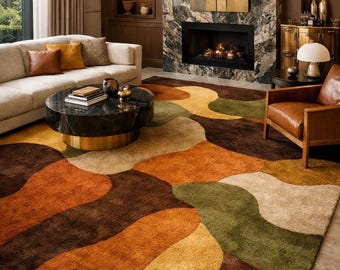 Retro Modern Abstract Rug – Handmade Swirl Carpet in Brown, Mustard, Orange & Olive Tones for Living Room, Bedroom, Mid Home Decor