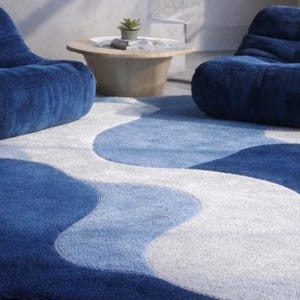 Abstract Blue Organic Shape Rug, Modern Tufted Area Rug, Handmade Plush Carpet, Irregular Shape Contemporary Floor Decor Living Room Decor image 2