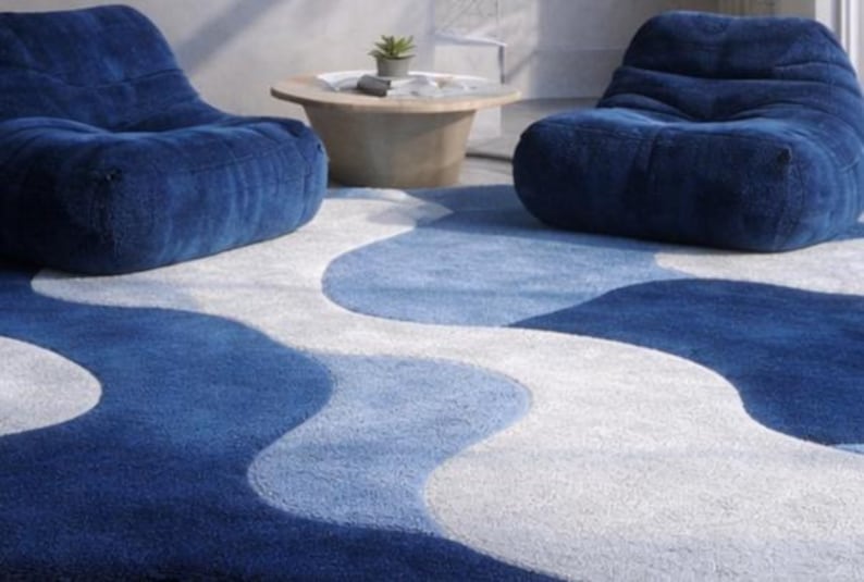 Abstract Blue Organic Shape Rug, Modern Tufted Area Rug, Handmade Plush Carpet, Irregular Shape Contemporary Floor Decor Living Room Decor image 2