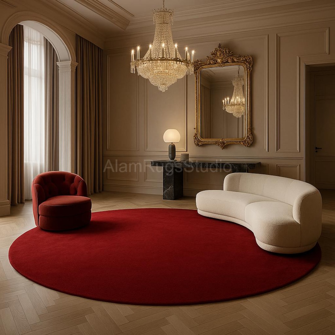 Red Designer Rug Luxurious Red Round Rug – Bold Solid Color Circle Carpet for Living ...