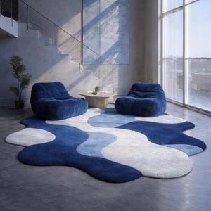 Abstract Blue Organic Shape Rug, Modern Tufted Area Rug, Handmade Plush Carpet, Irregular Shape Contemporary Floor Decor Living Room Decor image 1
