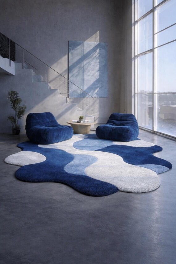 Abstract Blue Organic Shape Rug, Modern Tufted Area Rug, Handmade Plush Carpet, Irregular Shape Contemporary Floor Decor Living Room Decor