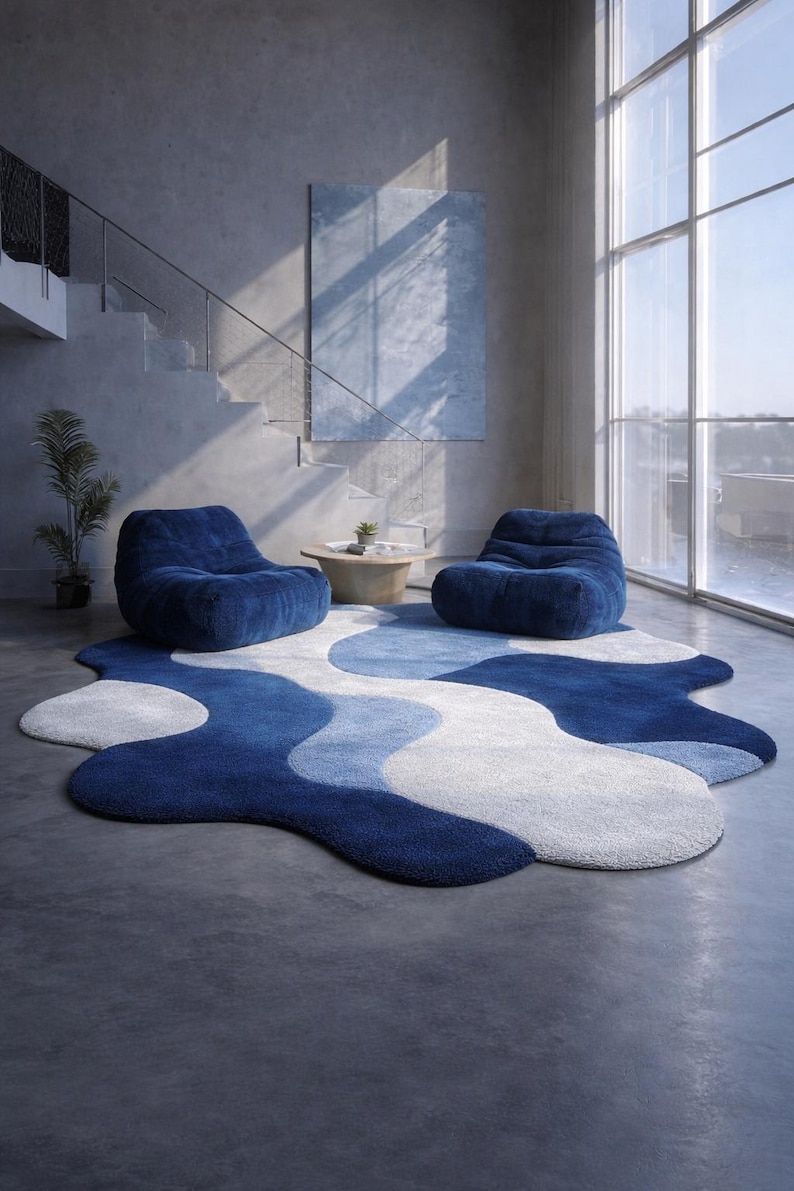Abstract Blue Organic Shape Rug, Modern Tufted Area Rug, Handmade Plush Carpet, Irregular Shape Contemporary Floor Decor Living Room Decor image 1