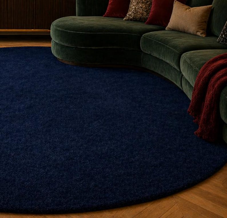 Draped Rug Images Handmade Navy Blue Round Rug, Plush Tufted Circular Carpet, Minimal ...