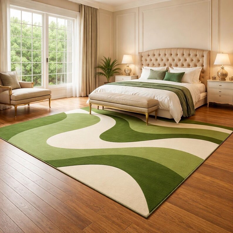 May include: A bedroom with a large green, white, and light green patterned rug. The rug is in front of a bed with a beige headboard and a green bedspread. A beige bench sits at the foot of the bed. The room has hardwood floors and a large window.