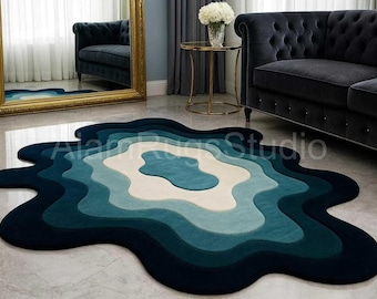 Modern Abstract Irregular Shape Rug Blue & Teal Wave Layer Carpet Luxury Handmade Living Room Art Decor Soft Cotton Wool Rug
