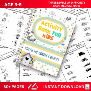 Op de afbeelding: Een spiraalgebonden activiteitenboek voor kinderen, met de tekst "ACTIVITY BOOK FOR KIDS" en "MATCH THE CORRECT OBJECT". De omslag heeft een panda- en een vogelillustratie. De pagina's bevatten bijpassende oefeningen met verschillende niveaus.
