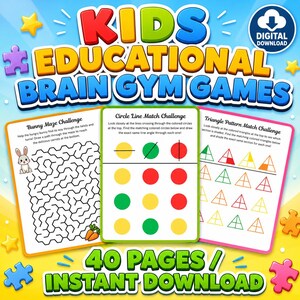 Op de afbeelding: Een digitale downloadset van 40 pagina's getiteld Kids Educational Brain Gym Games. De afbeelding toont drie activiteitenbladen: een konijnendoolhof, een cirkellijn-matchuitdaging en een driehoekpatroon-matchuitdaging met kleurrijke graphics.