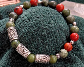 Runen-Armband für Reichtum, Amulett zur Geldanziehung, Jaspis-Jade, Natursteine, spiritueller Schmuck, handgefertigt, Wohlstandsstein, Geschenk, Futhark-Runen
