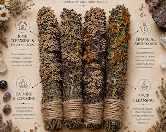 May include: Four cylindrical herbal smudge sticks bound with twine, featuring dried flowers and foliage in shades of green, brown, and purple. The image includes text labels: HERBAL SMUDGE STICKS, HOME CLEANSING & PROTECTION, FINANCIAL ABUNDANCE, CALMING & SOOTHING, and SPACE CLEANSING.